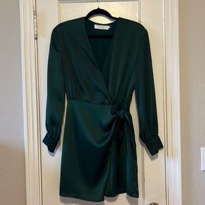 Green faux silk wrap dress